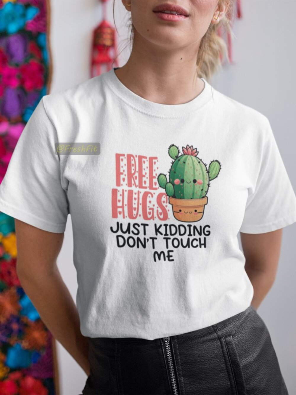 🆕Cactus Free Hugs Just Kidding White T-Shirt Graphic Tee